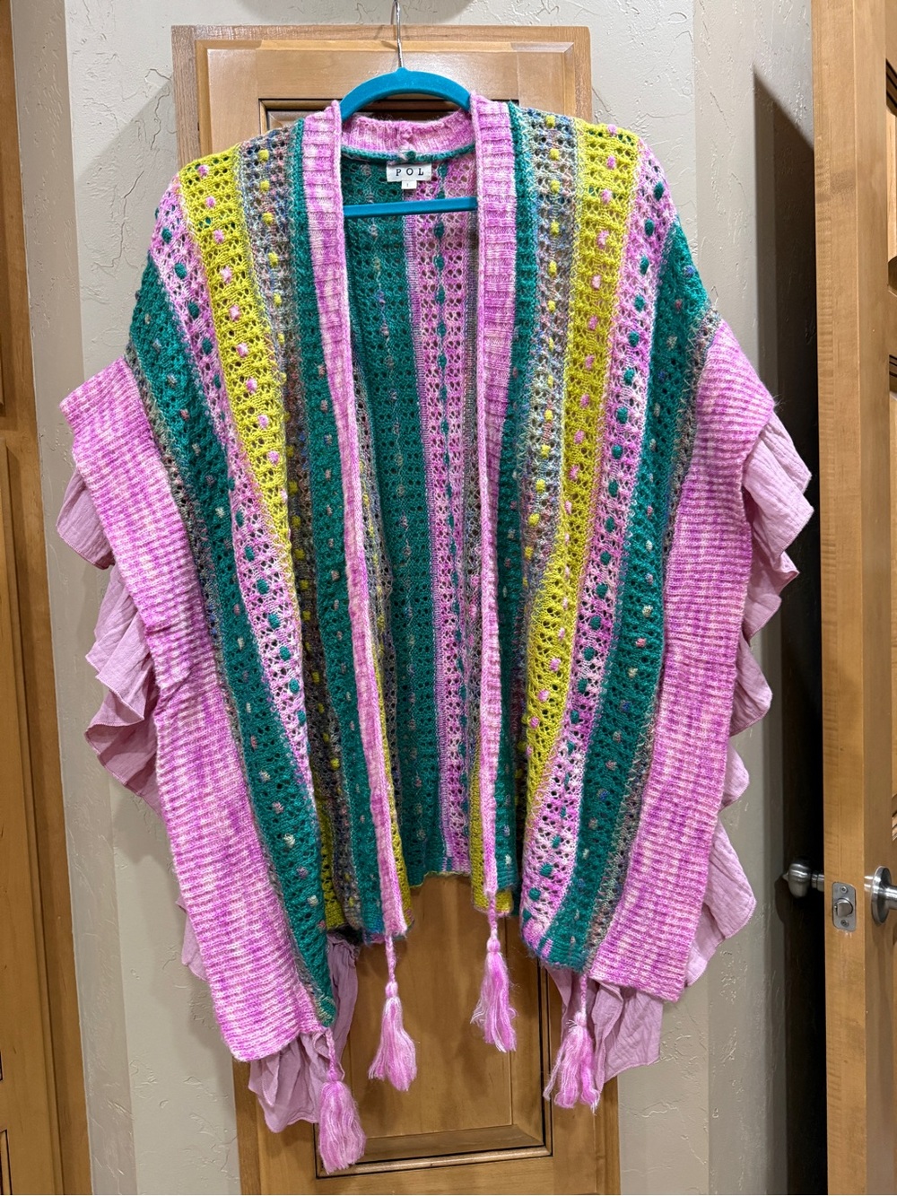 POL Multicolor Crochet Fringe Poncho in Pink, Teal & Yellow